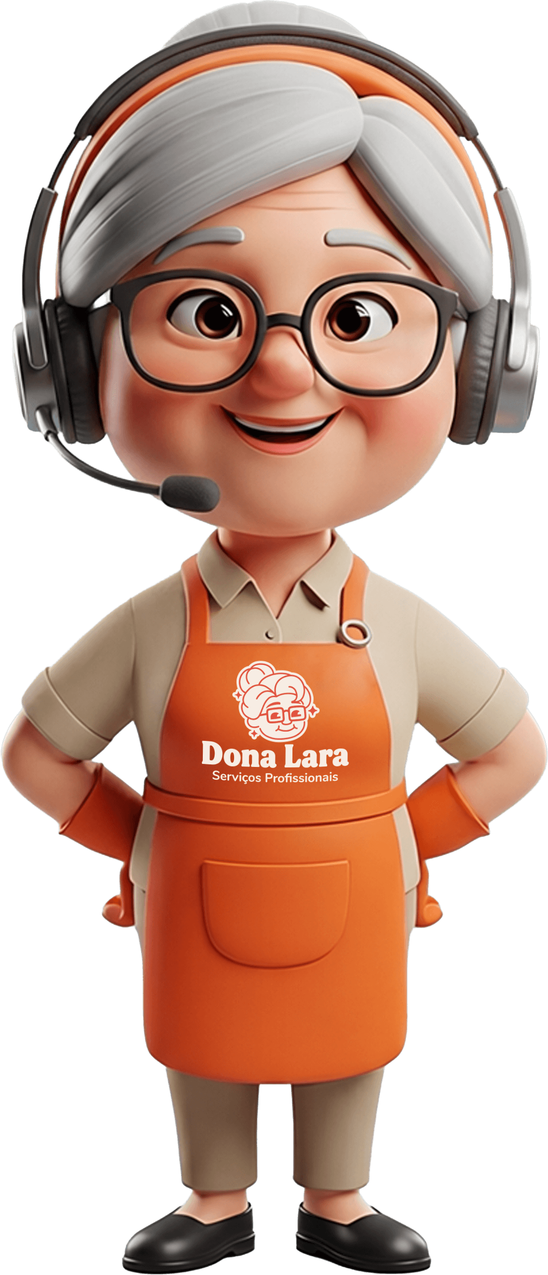 Mascote Dona Lara com headset de atendimento